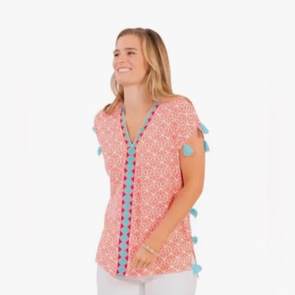 Escapada Living Tangerine/white Embroidered Neck hem w/Turquiose Tassel sz med - Picture 1 of 8